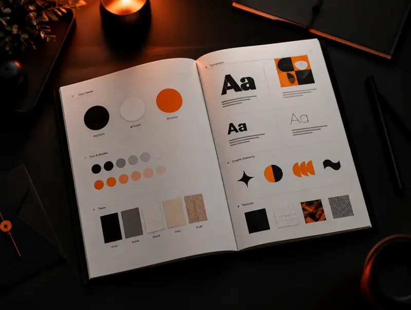 Aufgeschlagenes Corporate-Design-Handbuch mit Farbfeldern und Schriftmustern (KI-generiert)
